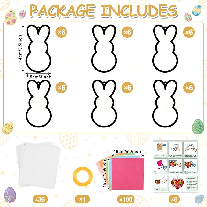 Qyeahkj 36 Set Easter Bunny Suncatchers Crafts for Kids DIY Colorful Rabbits Window Tissue Paper Craft Kit Hanging Decor for Easter Classroom Home Activity Art Project Birthday Party Favor