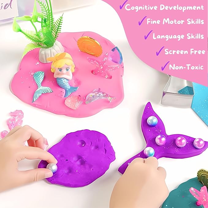 Mermaid Sensory Dough Kit (3 Jars) Non-Toxic Dough with Cutters, Stampers, Coins, Pearls, Seahorses, Starfish, Treasure Box - Perfect Creative Play and Gift for Kids & Toddlers