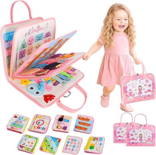 Montessori Busy Board & Busy Book with 20+ Learning Activities, Sensory Activity Toy for Fine Motor Skills, Educational Learning Toy for Airplane & Car Travel, Birthday Gift for Toddler Girls