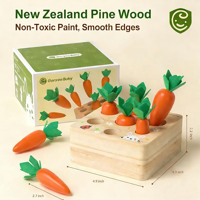 Wooden Carrot Harvest Montessori Toy for Toddlers 1-3, Shape Sorter Sensory Learning Toy for 1 2 3 Year Old, Fine Motor Skills Size Matching Educational Toy for Boys Girls, Birthday Gift