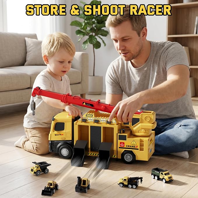 Lehoo Castle Construction Crane Truck Toys for Boys 3 4 5 Year Old | Construction Vehicles, Realistic Light & Sound, Crane Truck Toys, Birthday Gifts for Toddlers 3+