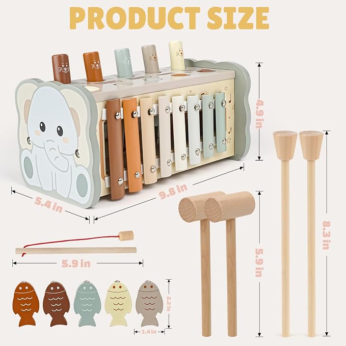 Joyreal Wooden Montessori Toys for 1 Year Old Hammering Pounding Toys | Xylophone, Fishing Game, Gears, Educational Toddler Activities, Christmas Birthday Gifts for 1 2 3 Year Old, Neutral Color