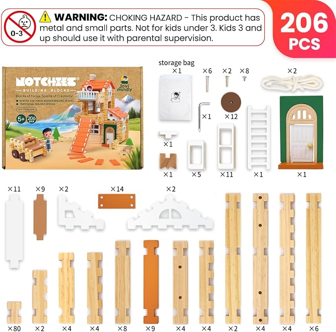 Jovi-mindly＆Notchies New 206 PCS Wooden Blocks Wooden Toys with House and Car, Preschool Learning Toys Wood Blocks Building for Kids Ages 4-8 Creative Construction Game,Birthday Toys Gifts