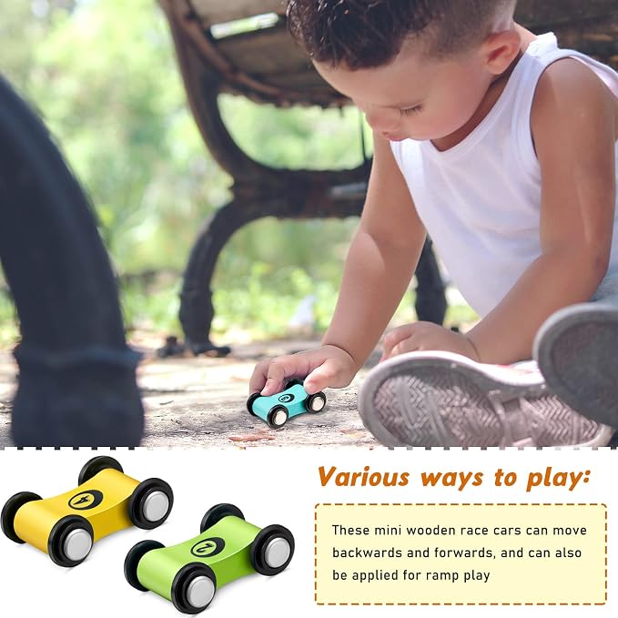 Zhanmai 4 Pieces Wooden Mini Car Ramp Race Track Toys for Aged 1 2 3, Race Party Present Wooden Car Ramp Mini Racer Play Set Replacement