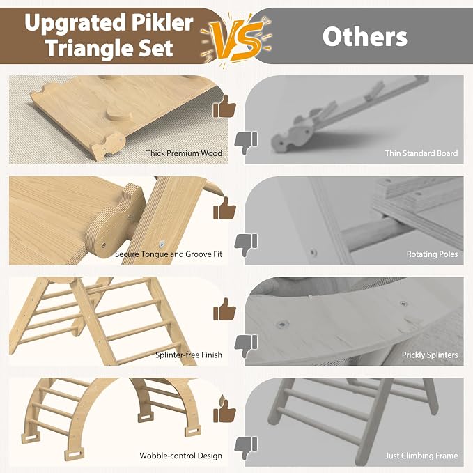 Large Pikler Triangle Set, 7-in-1 Toddler Climbing Toys Indoor, Wooden Montessori Climbing Set with Arch Ramp Ladder, Foldable Baby Jungle Gym Playground (Wood)
