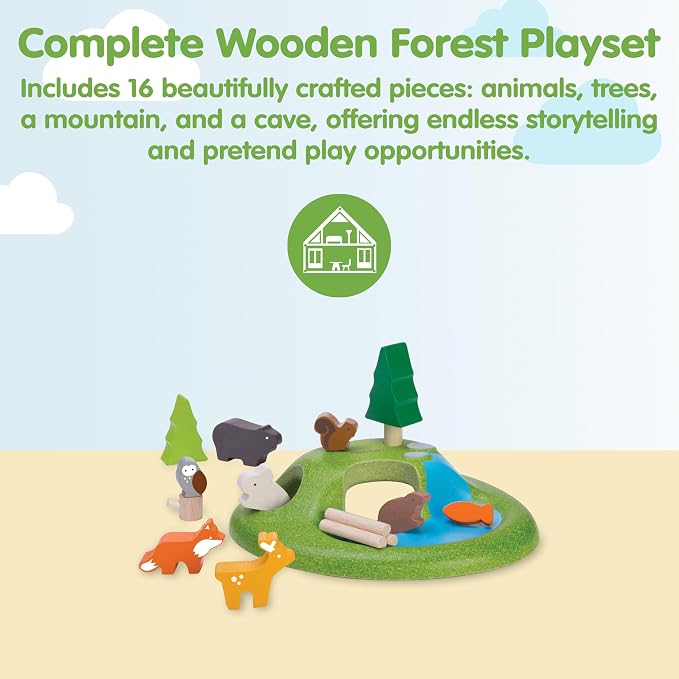 PlanToys® Wooden Animal Toy Set for Toddlers, 16 Pcs Montessori Forest Set | 16 pcs forest playset, trees cave mountain, wooden animal toy set, montessori open-ended nature play, preschool educational k