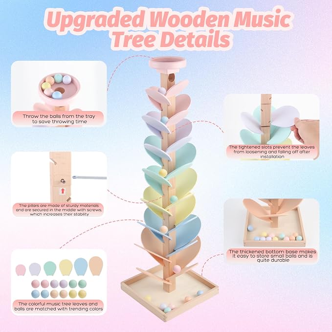 Wooden Marble Run Ball Drop Montessori Toy for 4-8 Boys Girls (Height: 28") | Kids Wood Music Tree Marble Ball Run Game 3-5 8-12 Years Old Learning Color Sorting Sensory Toys Birthday Gift