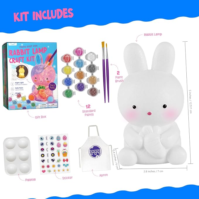 Paint Your Own Bunny Lamp Kit, Crafts for Kids Ages 6-12, Gifts for Girls | Bunny painting kit with paints and 3D night light; DIY arts and crafts activity and birthday or Easter gift for kids