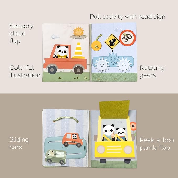Taf Toys Busy Book for Toddlers 1-3 Textures, Crinkle Fabrics & Movable Cars - Montessori Busy Board - Activity Book Learning Quiet Activity Books Gifts Toddler Travel Toys for One Year Old