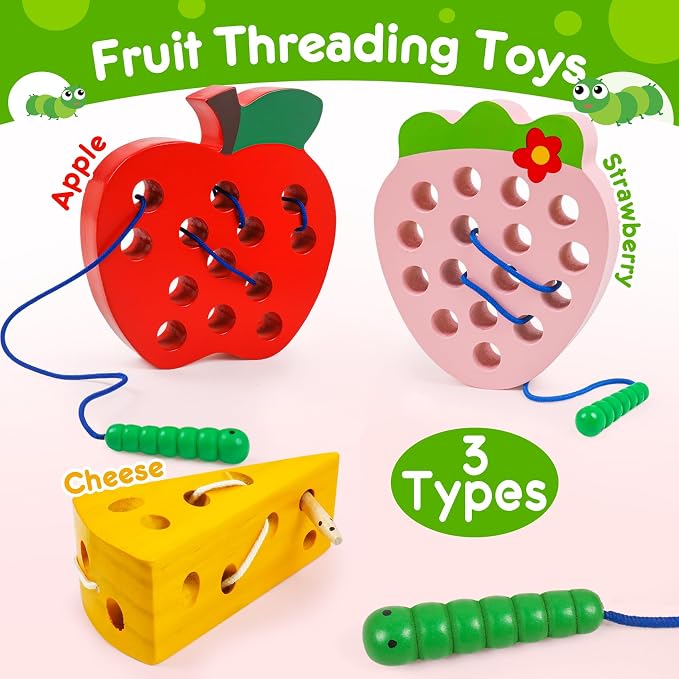 Wooden Lacing Toys for Kids,Car Plane Travel Toys Games Toys Montessori Educational Learning Fine Motor Skills for Boys Girls Ages 3+(3 Pack Threading Toys)