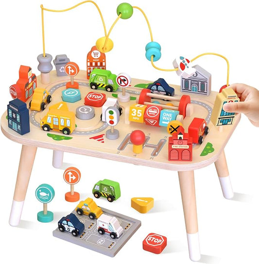 Weilim Montessori Wooden Activity Table for Toddler 1-3, Learning Toys | 9-in-1 Baby Activity Center: Bead Maze, Shape Sorter, Cars, Gears & Traffic Signs. Sensory Birthday Gift for Boys & Girls