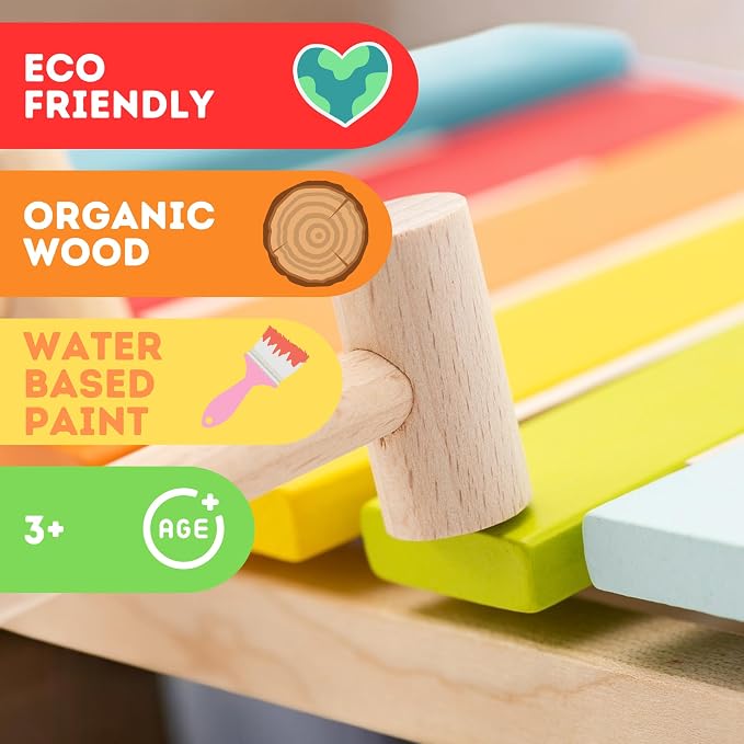 Wooden Toy Xylophone – Montessori Musical Toy for Toddlers Ages 18 Months+ – Includes 2 Wooden Mallets – FSC-Certified Wood, German Water-Based Paint – Wooden Toys for Toddlers