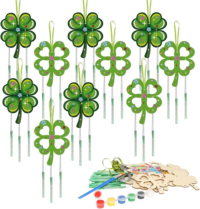 Fennoral 10 Pack St. Patricks Day Shamrock Wind Chime Kit for Kids Make You Own Four Leaf Clover Wind Chimes St Patricks Day Wooden Ornaments for Kids Art and Craft St.Patrick's Day Party Decoration