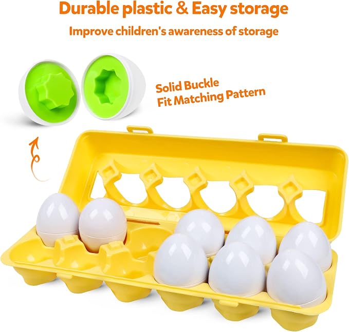 Montessori Geometric Eggs,12 pcs Set Color & Shape Egg Puzzle Toys Matching Eggs for Toddlers,Preschool Educational Sorting Game Fine Motor Toy Easter Gifts for Kids Boys Girls