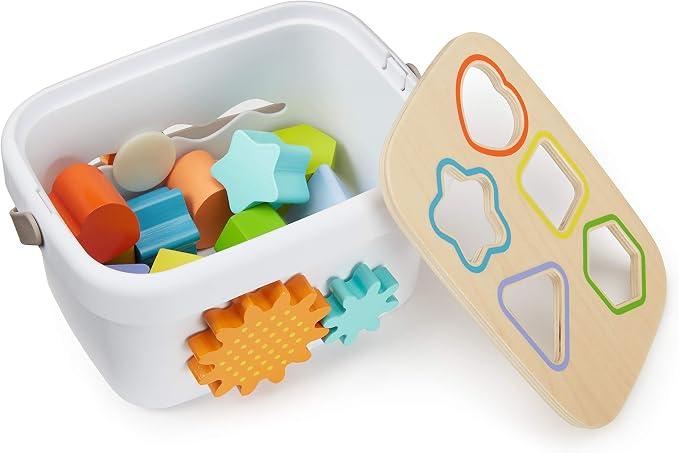 Amazon Basics Wooden Shape Sorter and Rainbow Stacker Classic Baby Toy Set-Sorting Play for Infants Age 12M+, Medium, Multicolor