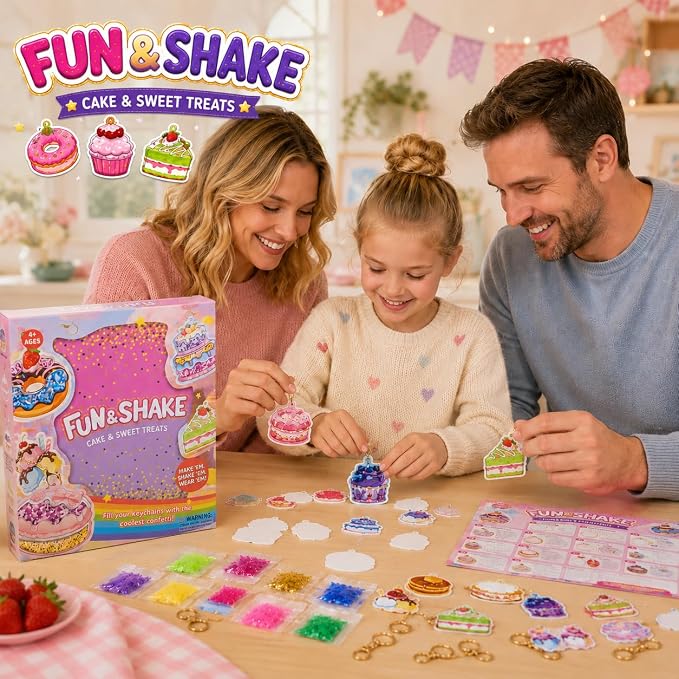 DIY Glitter Craft Kit with Keychains - Mess-Free Arts and Crafts for Kids Ages 4-8, Fun Shake-It Activity, Creative Travel Toys, Party Favors & Birthday Gifts for Girls 4-9