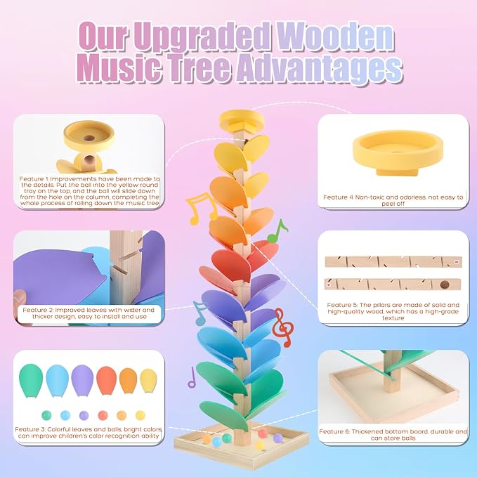 Wooden Marble Run Music Tree Montessori Toys Marble Ball Run for Kids 3-5 | Wood Ball Drop Toys for 4-8 8-12 Color Sorting Learning Game Boys and Girls Birthday Holiday Gift