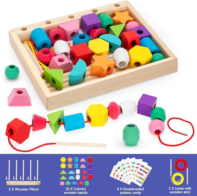 TooyBing Montessori Wooden Lacing Beads Toys for 3 4 Year Old Toddler Kids, Sequencing & Stacking Block Toy with Storage Box, STEM Preschool Learning Toys, Christmas Birthday Gifts for Boys Girls