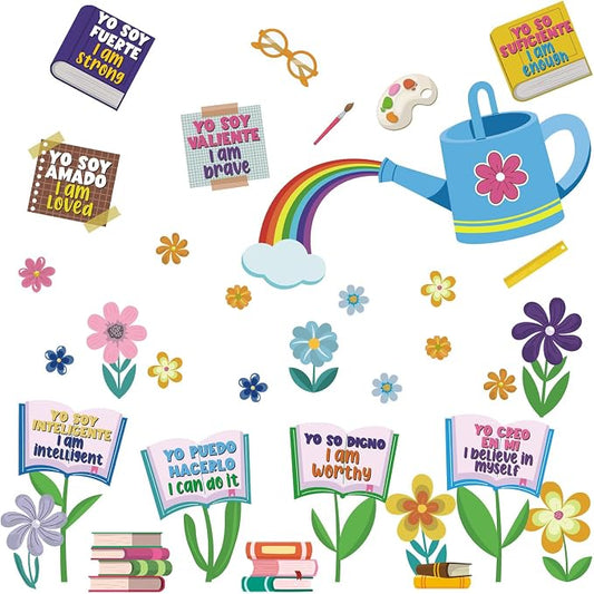 LHIUEM Positive Self-Affirmations Wall Sticker Boho Flower Book Wall Decal | Inspirational Quote Window Clings Colorful Mental Health Therapy Decoration Bulletin Board Vinyl Sticker for Classroom