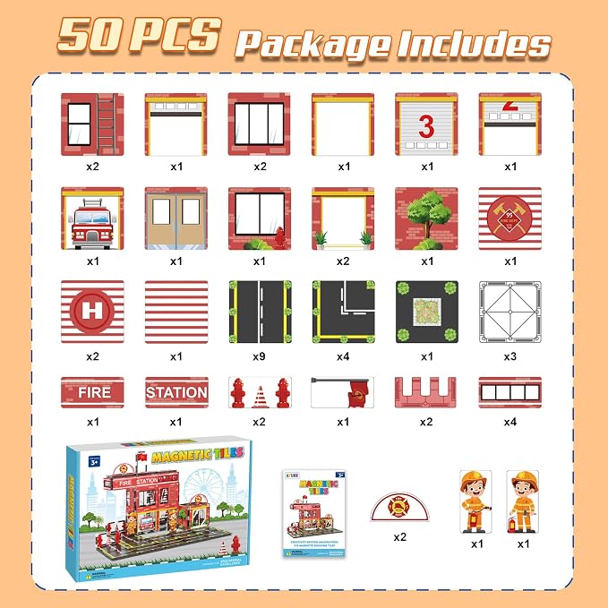AFUNX Fire Station Magnetic Tiles Building Set for Kids Ages 3+ | Strong Magnets, Compatible with Major Magnetic Tile Brands,Rescue Pretend Play, Creative Building,Gift Ready