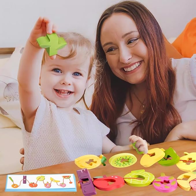 Wooden Greedy Caterpillar Lacing Toy, Montessori Threading & Stringing Toy with 20 Pattern Cards, Fine Motor Skills Educational Travel Gifts for Kids Ages 3+