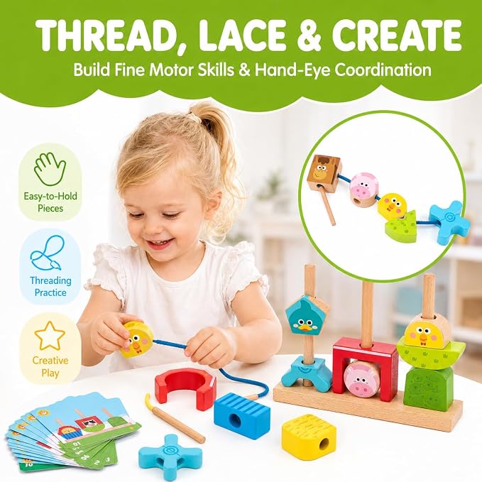 hahaland Montessori Toy for 1+ Year Old, Wooden Farm Stacking Sorting Toy | Toddler Puzzle Activity with Lacing Beads, Shape Cards & Brain Blocks, Learning Gift for Boys Girls 12+ Month