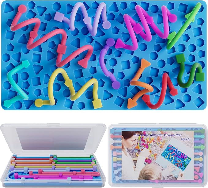 Sensory Activity Board for Kids Boys Girls, Fidget Toys for Stress Anxiety Autistic ADHD, Fidgets for Classroom Travel Airplane Toys for 3+ Year Old, Portable Travel Storage Box & 14 Strings