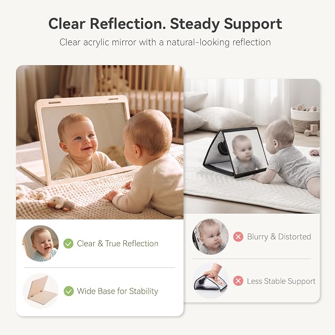 Tummy Time Mirror Toys, Baby Mirror Tummy Time Play Set for 0-6 Months | Large Baby-Safe Mirror, Adjustable Infant Mirror Toy with Black and White High Contrast Cards for Newborn Visual Stimulation