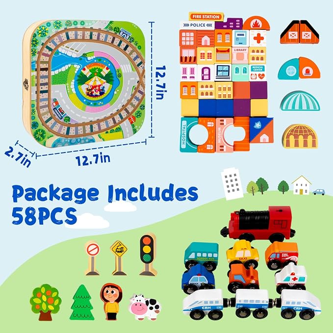 Adena Montessori Wooden Tabletop Train Set, Small, 3+ | Safe wood, 75 blocks + train. Build tracks & city. Boosts motor, logic & creativity. Take-along tabletop. Gift 3+.