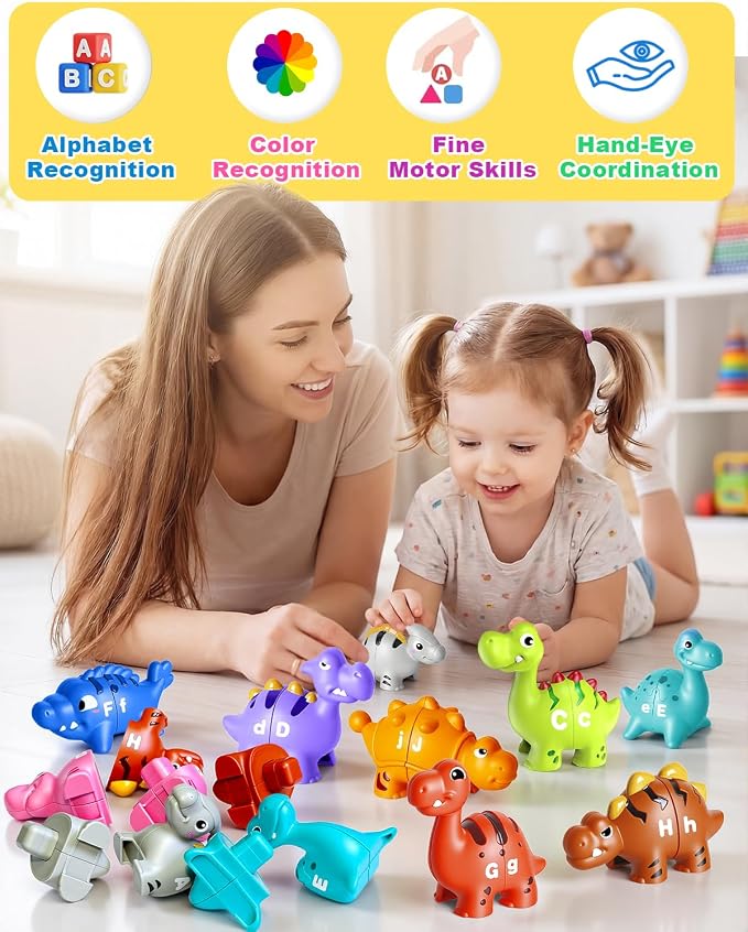 Dinosaur Alphabet Learning Toys for Toddlers Kids 3-5, 10 Unique Dinos | 26 Colorful Alphabet Dinosaurs | Child-Friendly Design | Learning Feels Like Play | Fine Motor Toys | Perfect Toddler Gift