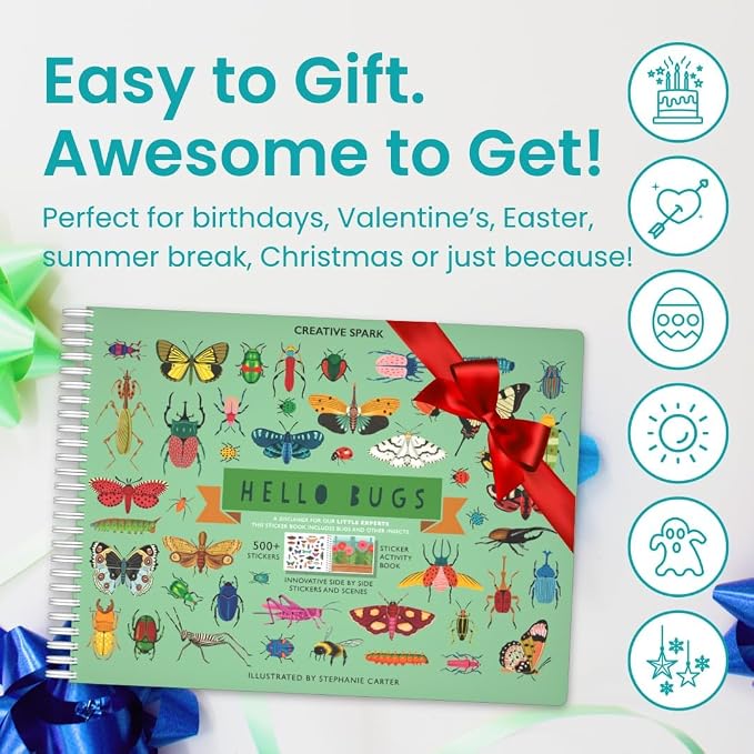 Cupkin Hello Bugs Coloring & Sticker Activity Book | 500+ Stickers | Spiral-bound kids craft format with 12 scenes, 12 art pages, side-by-side viewing, and an easy-peel design for ages 2–8
