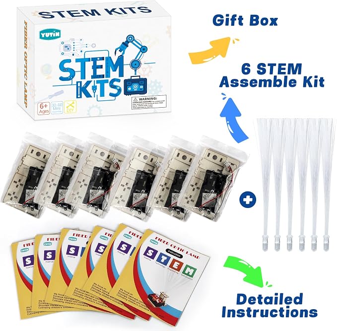 6 Set STEM Science Kits for Kids Age 6-8 8-12, Fiber Optic Light Craft Kits | Science Experiments for Classroom Activities, STEM Toys for Boys Girls 8-13 Year Old Gift, Building Electric Circuit Project