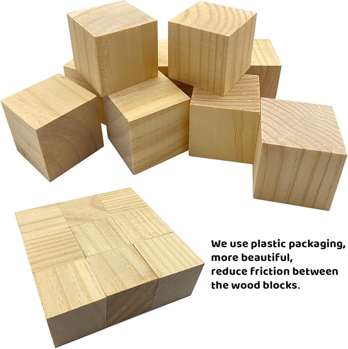 MUXGOA Wood Blocks for Crafts,2 Inch Unfinished Wooden Cubes Natural Wood Blocks for Crafts Making & DIY Projects & Decor(Pack of 9)