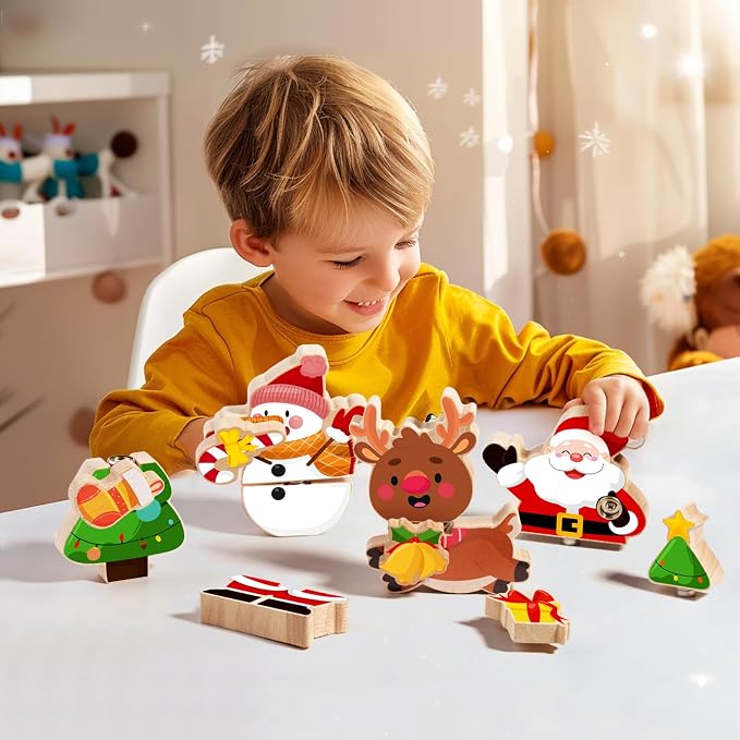 HUZU Wooden Snap Together Button Building Blocks for Kids 3-8, Easter and Animals 3D Puzzle Toys, Montessori Educational STEM Fine Motor Skills Learning Toys (Christmas Friends)