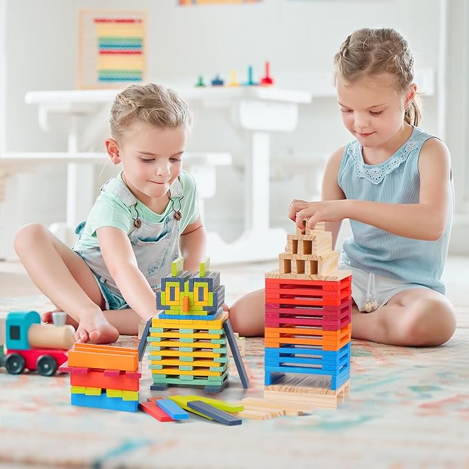 Hayder Classic Wooden Building Blocks Set, 100PCS | Solid Wood Blocks in 9 Colors Stacking Educational Toy Set for Kids