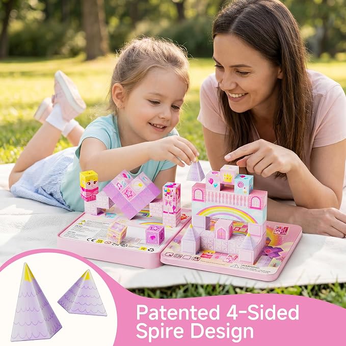 Unicorn Magnetic Blocks Girls: 48 PCS Princess Castle Building Set | Exclusive Cones & Wands, 300+ Build Combos, 60+ Min Quiet Play, Sturdy Tin Box, Travel Toy for Girls Ages 3-8