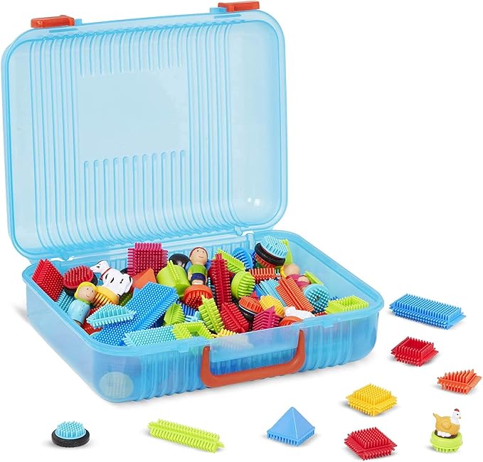 Battat Bristle Blocks Deluxe Builder Case, 113-Piece Building Toy, Playset | STEM interlocking building blocks with family and animal figurines in a reusable carrying case for storage and take-along