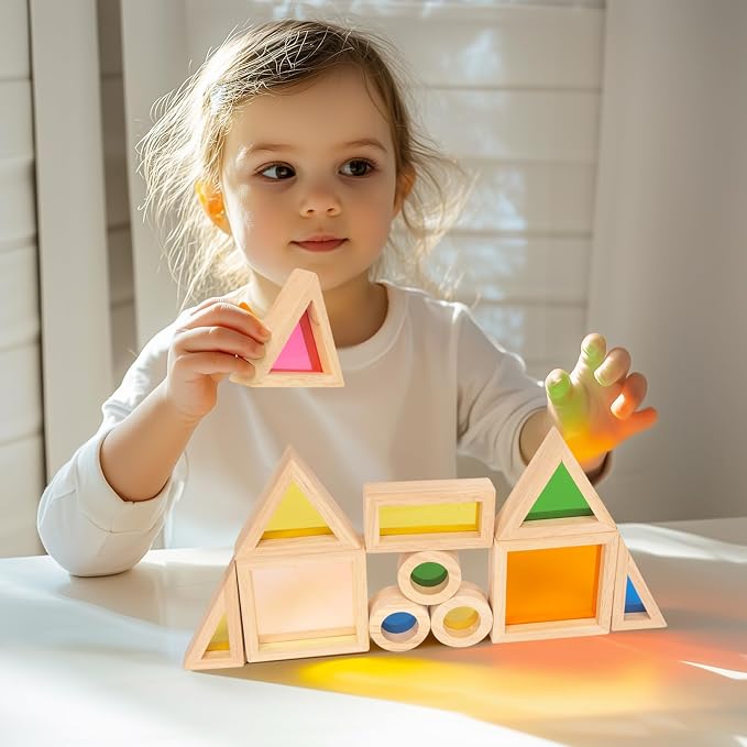 WOODENFUN Wooden Building Blocks Set for Kids, 32 Pcs Rainbow Stacker Game | Stacking Construction Toy,Preschool Colorful Montessori Educational Toy,Geometry Acrylic Blocks,Birthday Gift for Toddlers