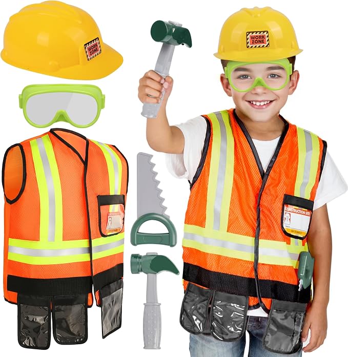 Liberry Kids Tool Set Pretend Toy for 3 4 5 Years Old with Costume | Breathable Fabric, Durable Helmet, Smooth Edges, Construction Worker Role Play, Halloween Birthday Gift for Boys Girls