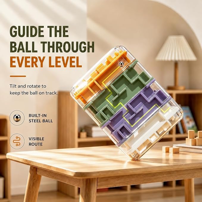 4 Layer 2 in 1 3D Rolling Ball Maze Cube, Kids Fidget Spinning Toys | Fidget Toy and Stress Toy, 3D Brain Teaser Puzzle Game Portable Activity Toy Birthday Gifts for Kids Ages 3-7+ Boys Girls