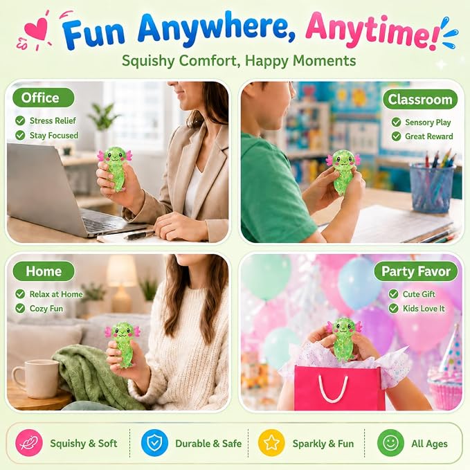 Axolotl Squishy Stress Ball, Soft TPR Slow Rising Squeeze Toy, Cute Axolotl Fidget Toy for Stress Relief, Anxiety Calming Sensory Toy for Kids Adults(Green Long Tail Axolotl)