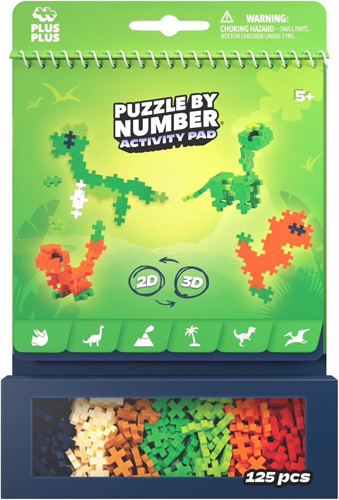 PLUS PLUS Puzzle By Number Activity Pad, Dinosaurs | Airplane Activities & Roadtrip Essentials for Kids, Interlocking Mini Building Blocks, 2D 3D Puzzle Stem Toy