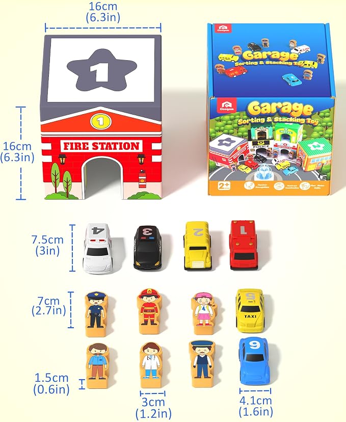 Coogam Montessori Sorting & Stacking Blocks with Nesting Garages Cars | Stackable Number Boxes for Toddlers Learning Community Helpers, Preschool Educational Toy Gift for 2 3 4 Year Old Baby