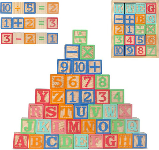 ABC Wooden Building Blocks for Toddlers 3 Large, 40 PCS Alphabet & Number Stacking Blocks with Storage Tray, Montessori Educational Learning Toys for Boys Girls Kids Gifts 1.65"