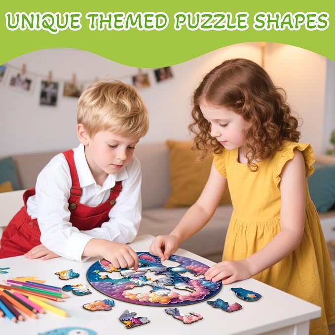 Rainbow Wooden Puzzles for Kids - Celestial Kitten | 50 Piece Puzzles for Kids Ages 6-8, Kids Puzzles with Unique Animal Shapes, Round Gift for Girls and Boys (11.4 * 11.4 in)