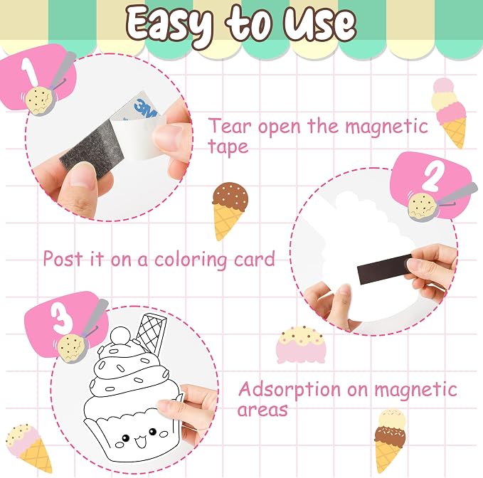30Pcs Summer Ice Cream Coloring Magnets Arts Crafts Kits for Kids | Ice Cream Blank DIY Coloring Magnets for Summer Holiday Party Fridge Whiteboard School Classroom Activities Decors