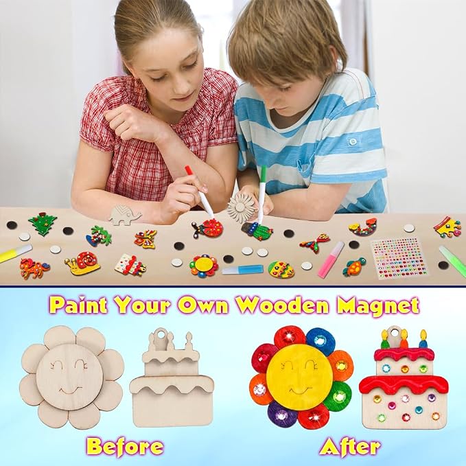 GWAHSA 30pcs DIY Wooden Magnets Glow in The Dark Wooden Art Craft Supplies | Painting Kit for Kids Activities Party Favors for Boys Girls Ages 4-8 8-12 Birthday Gifts Toys Pinata Goodie Bags Stuffers