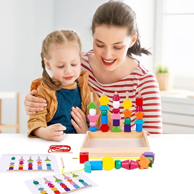 LovesTown Beads Sequencing Toy, Wooden Shape Stacking, 8 Cards, Frame | Montessori Sorting, Matching Game, Fine Motor Skills Development, Hand-Eye Coordination, for Toddler