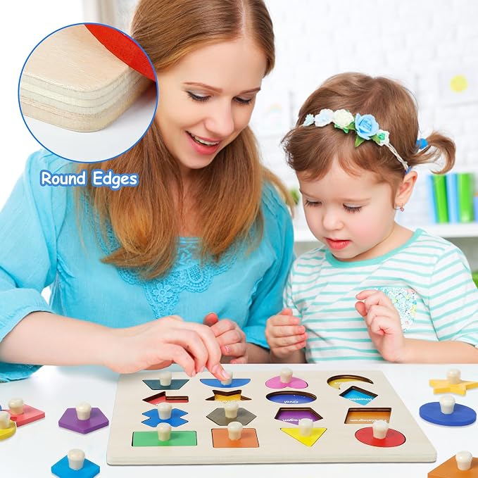 Shape Puzzles Wooden Puzzles for Toddlers Shape Sorter Toys | Peg Puzzle Educational Wooden Shape Board Puzzles, Preschool Learning Educational Toy for Baby Girls Boys