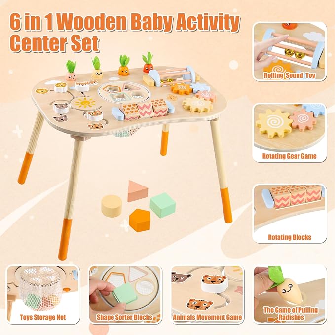 Wooden Activity Table for 1 Year Old Toddlers Sensory Table Activity Center | Wood Montessori Baby Activity Table Shape Sorter Game Sensory Toys for 2 1-3 Kids Gift (Length*Height: 17"*11.8")